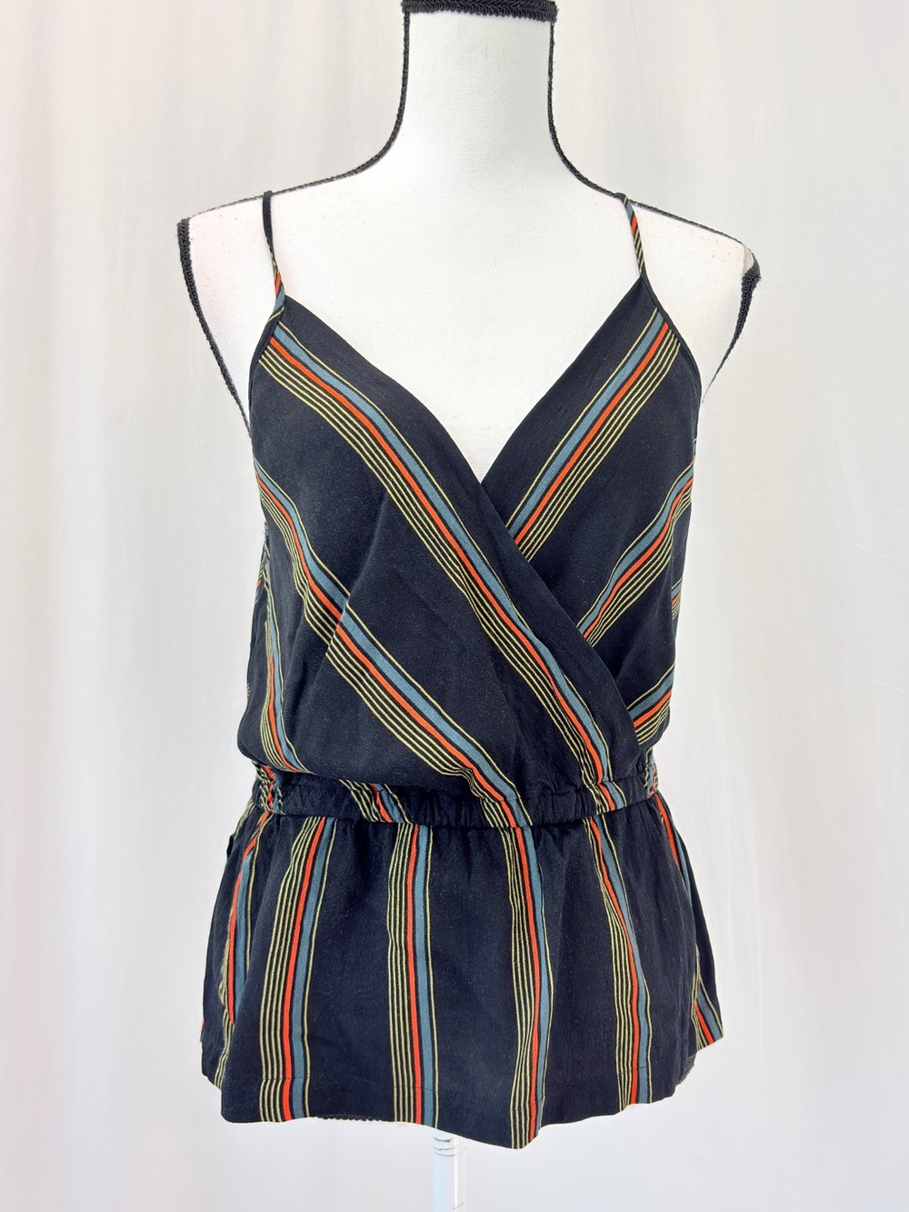 FREE PEOPLE Rayon Peplum Cami Tank Top V-neck Black w/ Orange Red Stripes Medium